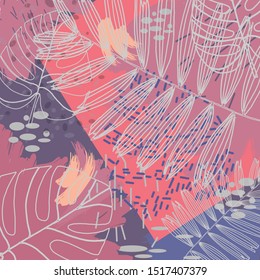 Pattern of tropical beach leaves, palm, monstera, orange and purple colors. Background, texture, print