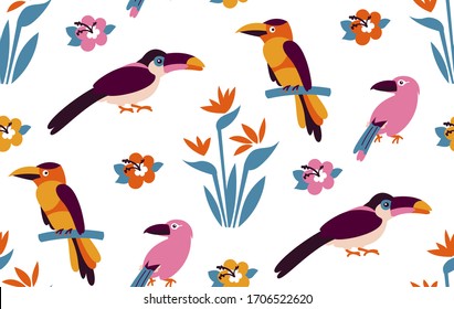 Pattern of tropical birds. Bright exotic tropical birds. Macaw, Cockatoo, flamingo, toucan. Vector.