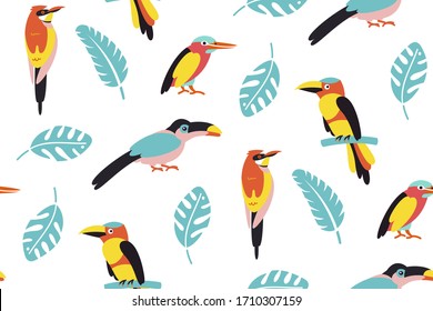 Pattern of tropical birds. Bright exotic tropical birds. Macaw, Cockatoo, flamingo, toucan. Vector.