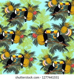 Pattern with tropical birds, toucan. Exotic leaves, palms, flowers. Tropic fruit, 
pineapple and banana. Exotic food. Hand drawn vector illustration