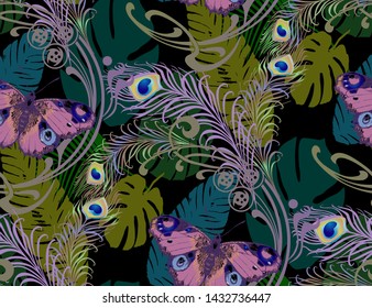 Pattern of tropical butterflies, flowers and leaves. Symbol of summer holidays in faraway countries. Suitable for fabric, wrapping paper and the like. Vector illustration