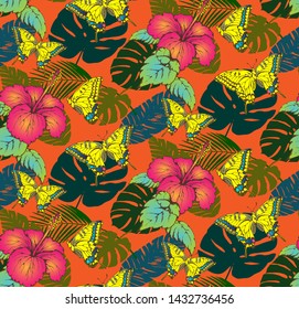 Pattern of tropical butterflies, flowers and leaves. Symbol of summer holidays in faraway countries. Suitable for fabric, wrapping paper and the like. Vector illustration