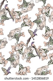 Pattern with tropical flowers in circle, garland and small colourful birds