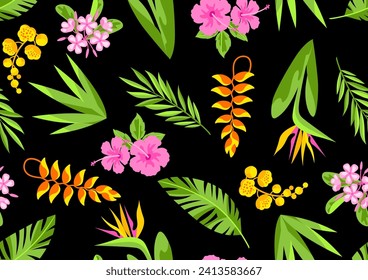 Muster mit tropischen Blumen. Dekoratives exotisches Blattwerk und Pflanzen.