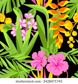 Pattern with tropical flowers. Decorative exotic foliage and plants.