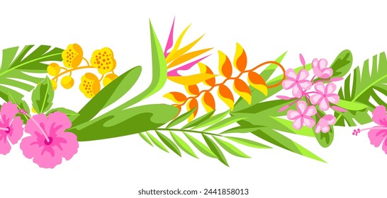 Pattern with tropical flowers. Decorative exotic foliage and plants.
