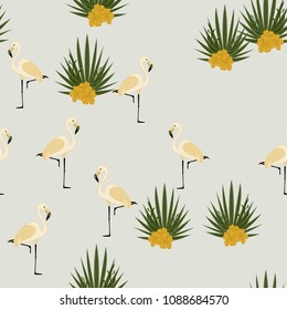 Pattern with tropical flowers and flamingos. Monstera and hibiscus. Flower patterns in pastel colors. The tropical forest. The pink flamingo.