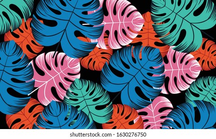 Pattern with tropical flowers and leaves background illustration