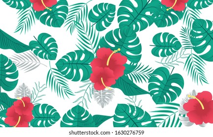 Pattern with tropical flowers and leaves background illustration