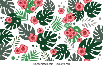 Pattern with tropical flowers and leaves background illustration