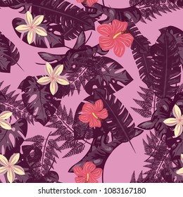 Pattern with tropical flowers and leaves. Monstera and hibiscus. Flower patterns in pastel colors. A tropical forest.