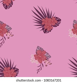 Pattern with tropical flowers and leaves. Monstera and hibiscus. Flower patterns in pastel colors. A tropical forest.