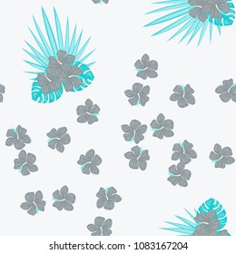 Pattern with tropical flowers and leaves. Monstera and hibiscus. Flower patterns in pastel colors. A tropical forest.