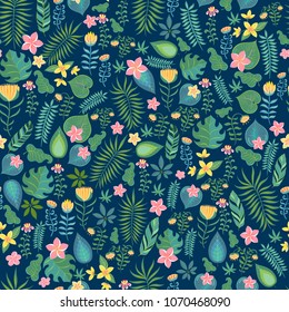 Pattern of tropical flowers and leaves on blue background.