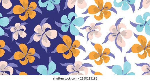 Pattern of tropical flowers and palm leaves. Flat vector illustration.