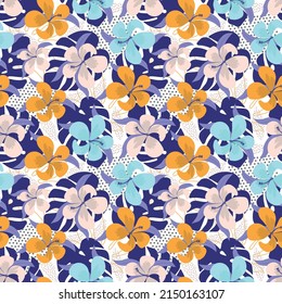Pattern of tropical flowers and palm leaves. Flat vector illustration.