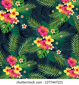 Pattern with tropical flowers. Spring, summer print. Hand drawn watercolor vector illustration.
