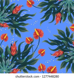 Pattern with tropical flowers. Spring, summer print. Hand drawn watercolor realistic vector illustration. Floral