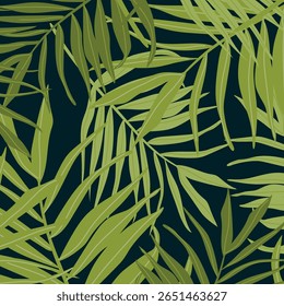 A pattern of tropical foliage. Botanical drawing vector print pattern. Light green leaves on a dark blue background.