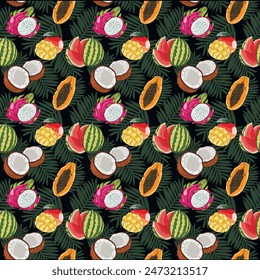 A pattern with tropical fruits and plants. Vector illustration