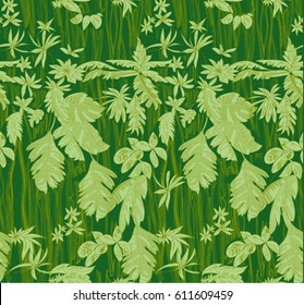 Pattern with tropical jungle with palm trees  and leaves on green background