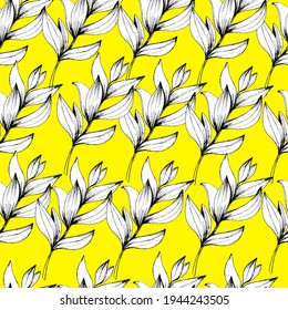 Pattern with tropical leaves at different angles, home green plants, palms. manual graphics. Botanical flower, pencil, plant element for textile decor and wallpaper. isolated stock art