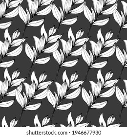 Pattern with tropical leaves at different angles, home green plants, palms. manual graphics. Botanical flower, pencil, plant element for textile decor and wallpaper. isolated stock art
