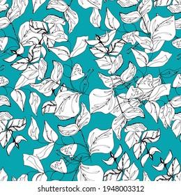 Pattern with tropical leaves at different angles, home green plants, palms. manual graphics. Botanical flower, pencil, plant element for textile decor and wallpaper. isolated stock art