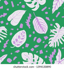 Pattern with tropical leaves in flat style. Botanical illustration with hand drawn plant elements, jungle floral foliage for textile, wallpaper, wrapping