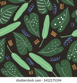 Pattern with tropical leaves in flat style. Botanical illustration with hand drawn plant elements, jungle floral foliage for textile, wallpaper, wrapping