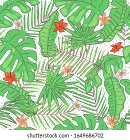 Patrón de hojas tropicales y flores coco exótico y palmera bananera. Vector de fondo veraniego transparente.