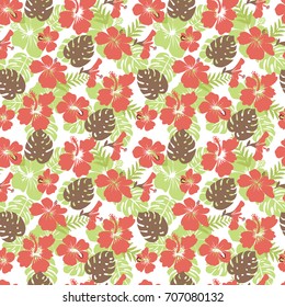 Pattern of tropical leaves and flowers hibiscus flower hawaii summer background. Vector illustration