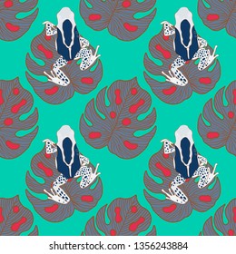 Pattern tropical leaves and frogs