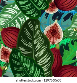 Pattern with tropical leaves and fruits - figs.