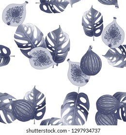 Pattern with tropical leaves and fruits - figs.