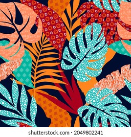 pattern with tropical leaves with geometric motifs, leaves pattern perfect for decoration and textiles