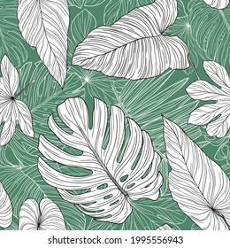 Pattern with tropical leaves. Hand drawn vector illustration.