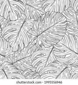 Pattern with tropical leaves. Hand drawn vector illustration.