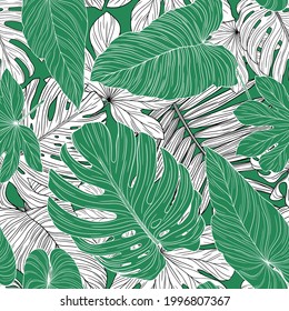 Pattern with tropical leaves. Hand drawn vector illustration.