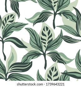 Pattern with tropical leaves. Hand-drawn stylized leaves. Botanical illustration