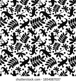 Pattern With Tropical Leaves And Lizards. Seamless Vector Background.