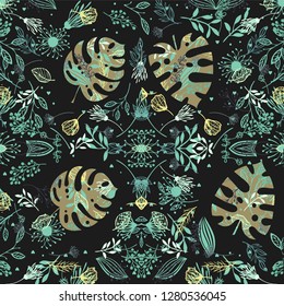 Pattern with tropical leaves, monstera, hand drawn creative watercolor vector illustration. Jungle background. Wallpaper