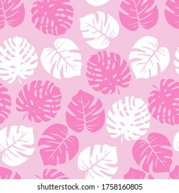 
Pattern with tropical leaves of monsters and dates on a pink background in white and pink. Elegant print with tropical leaves. Bright juicy summer print. Vector illustration in flat style.