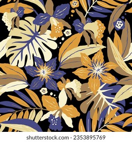 pattern with Tropical leaves on black background