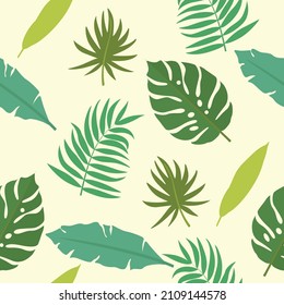 Patrón de hojas tropicales sobre fondo blanco. Colección botánica vectorial de plantas exóticas de estilo plano.