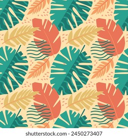 A pattern with tropical leaves. Pink, green pastel colors. For textiles, flyers, postcards, fabric.