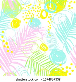 Pattern with tropical leaves and scrawl  in DELICATE PASTEL COLORS