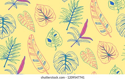 pattern with tropical leaves. Seamless graphic design with amazing palms. Fashion, interior, wrapping, packaging suitable. Realistic palm leaves. Vertical layout. leaves growing upwards. 