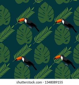 Pattern with tropical leaves and toucan bird 