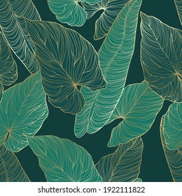 Pattern with tropical leaves. Vector hand drawn.